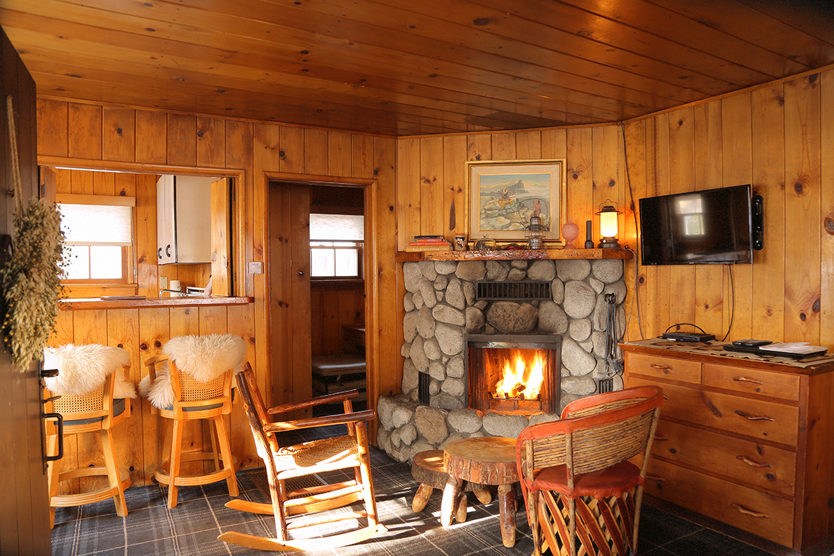 A fireplace room at the Fireside Inn in Idyllwild, California.