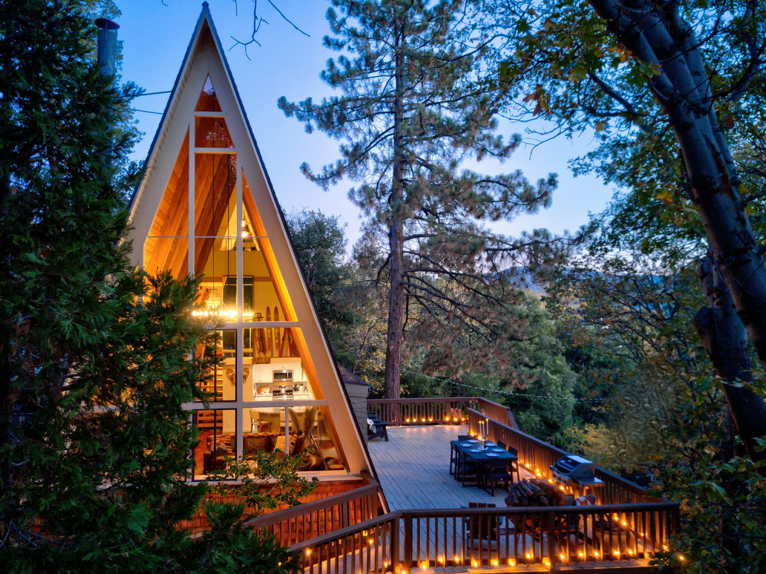 Exterior photo of an A-frame vacation rental near Lake Arrowhead, California.