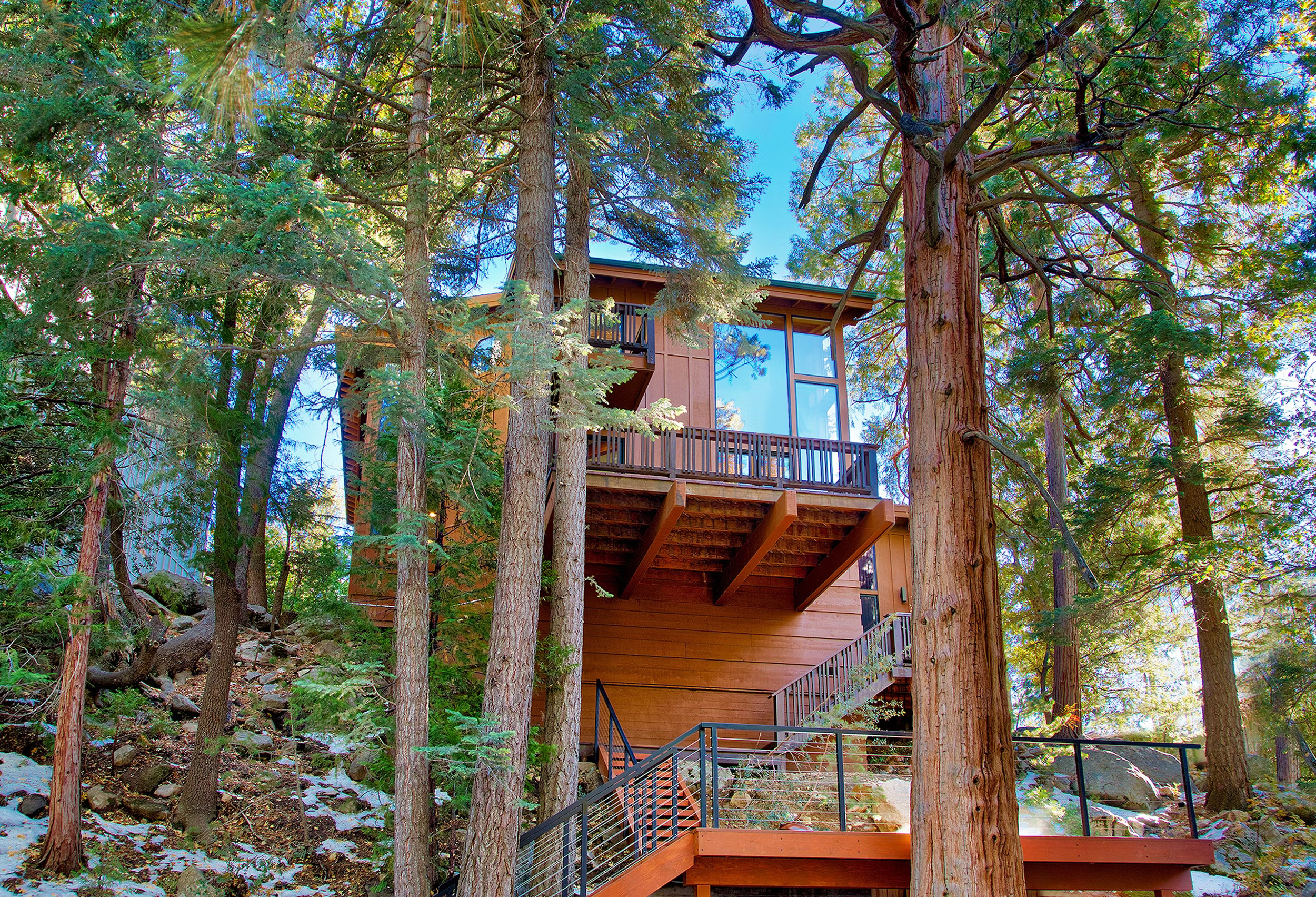 Exterior view of a vacation rental home in Idyllwild, California called Shadows and Tall Trees