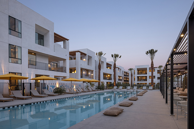Exterior poolside photo of Drift Palm Springs hotel. Photo credit Erin Feinblatt