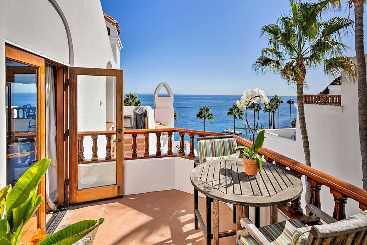 Patio view of the Pacific Ocean from a selection of California Coastal Rentals called Paradise Cove on Catalina Island, California.