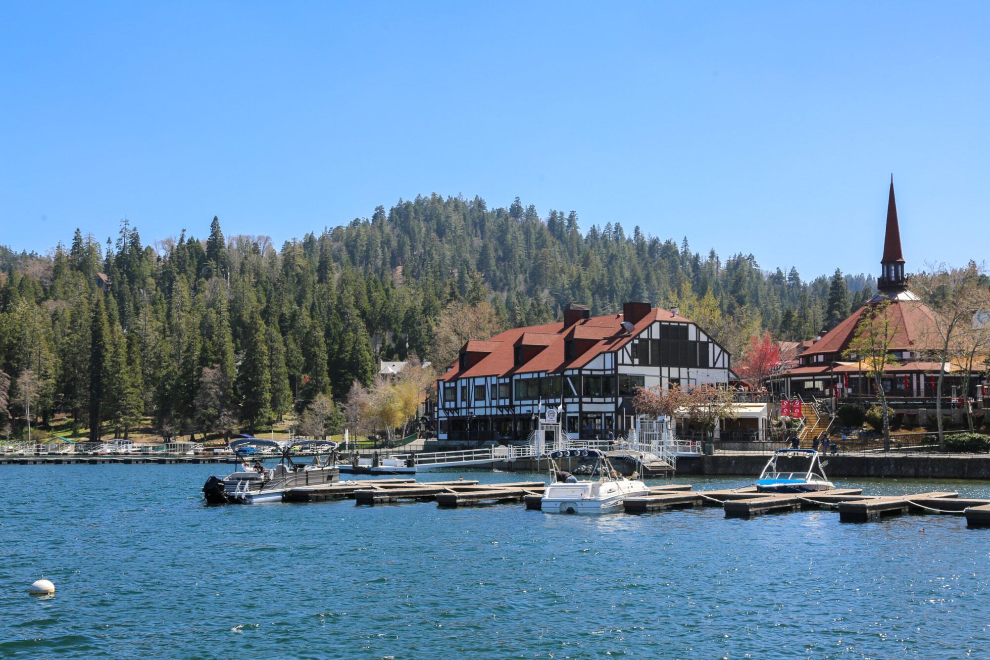 View from the water of the Lake Arrowhead commercial townsite in Spring.