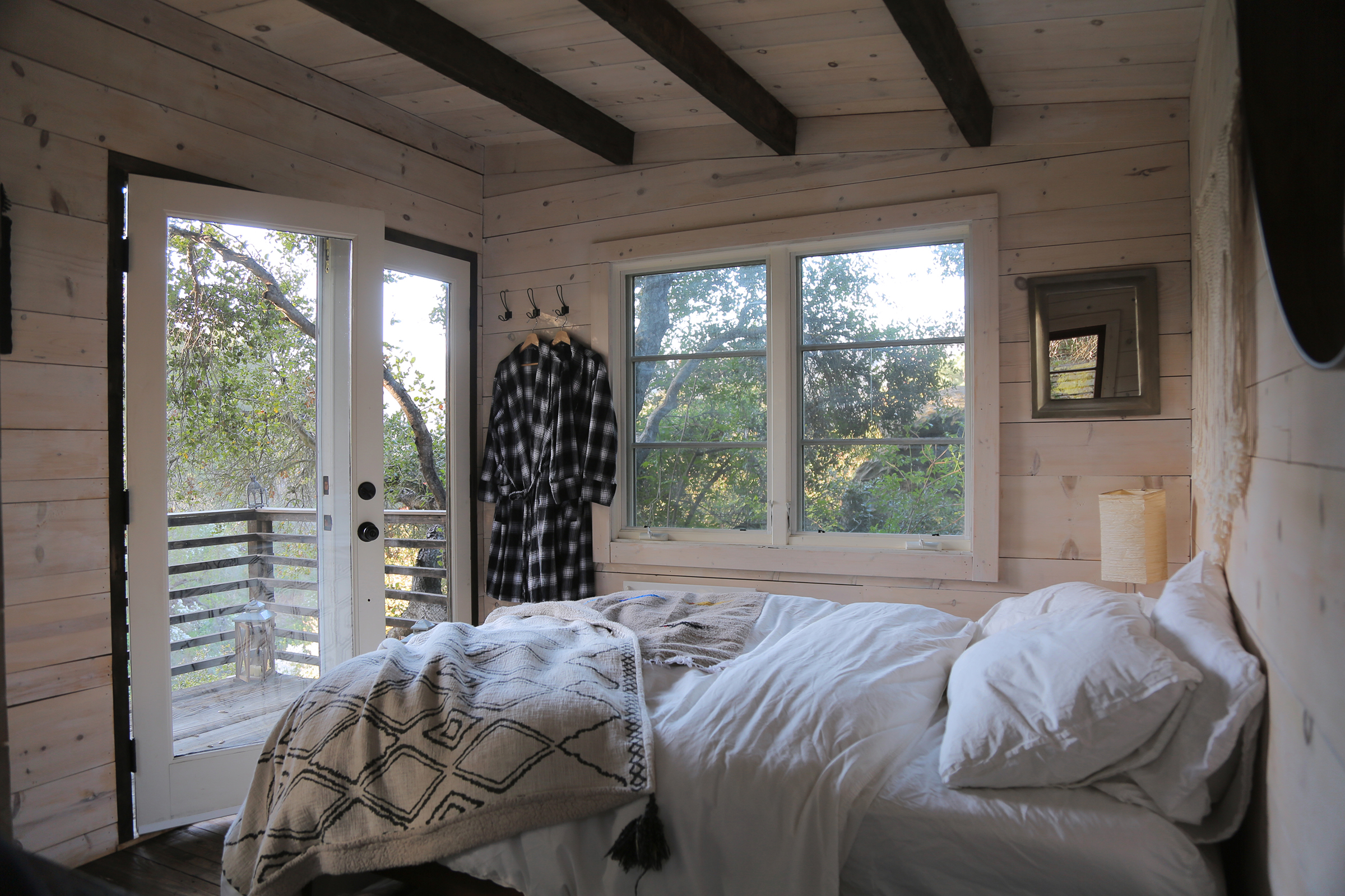 A bedroom at the Topanga Treehouse in California.