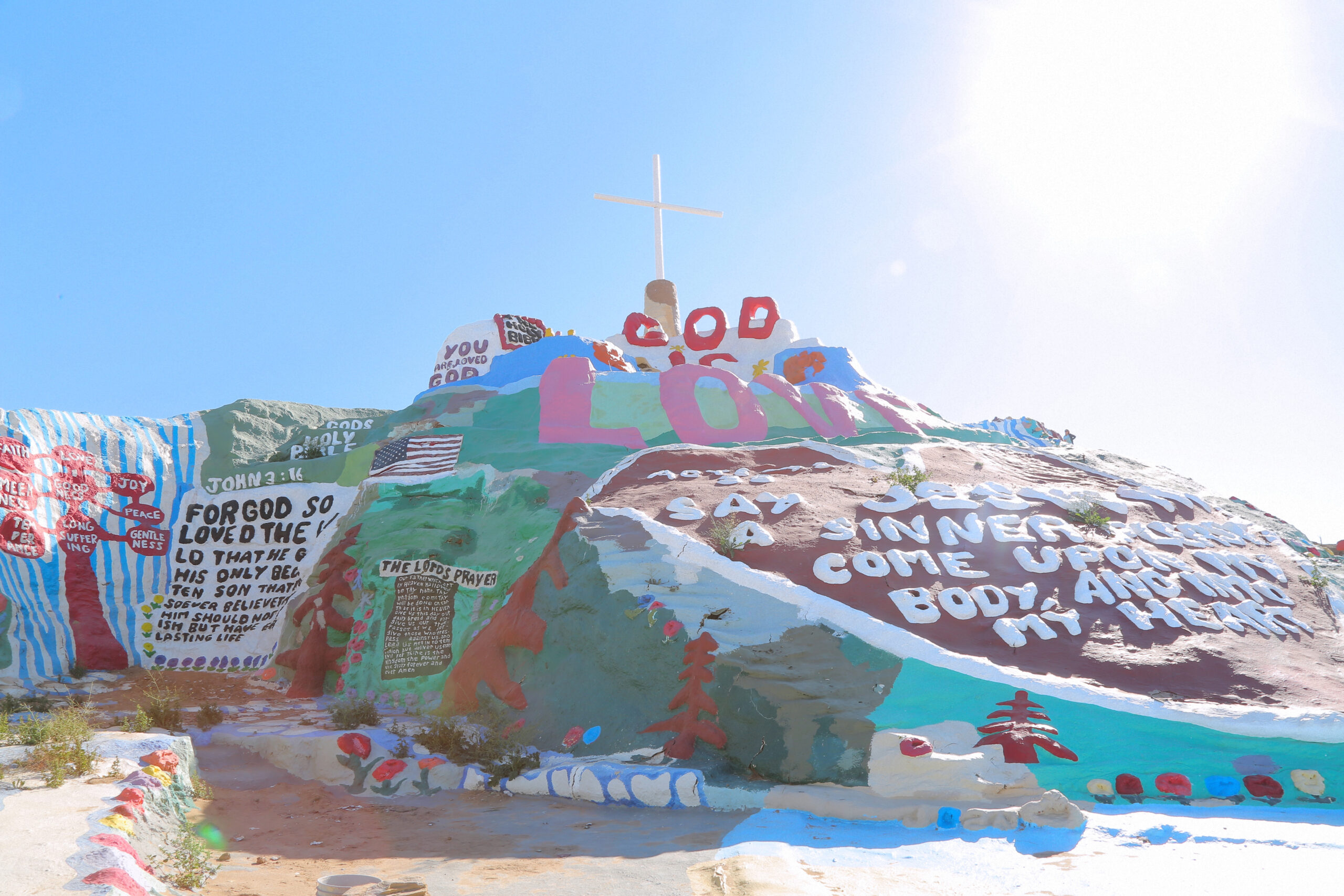 Hand assembled and painted Salvation Mountain outsider art in Southern California.