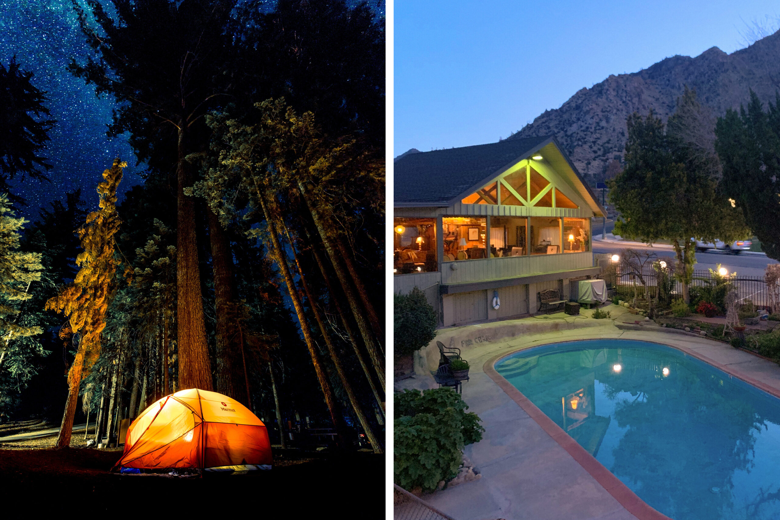 Night view of an orange tent illuminated from the interior set amongst conifer trees on the left and a photo of a pool
