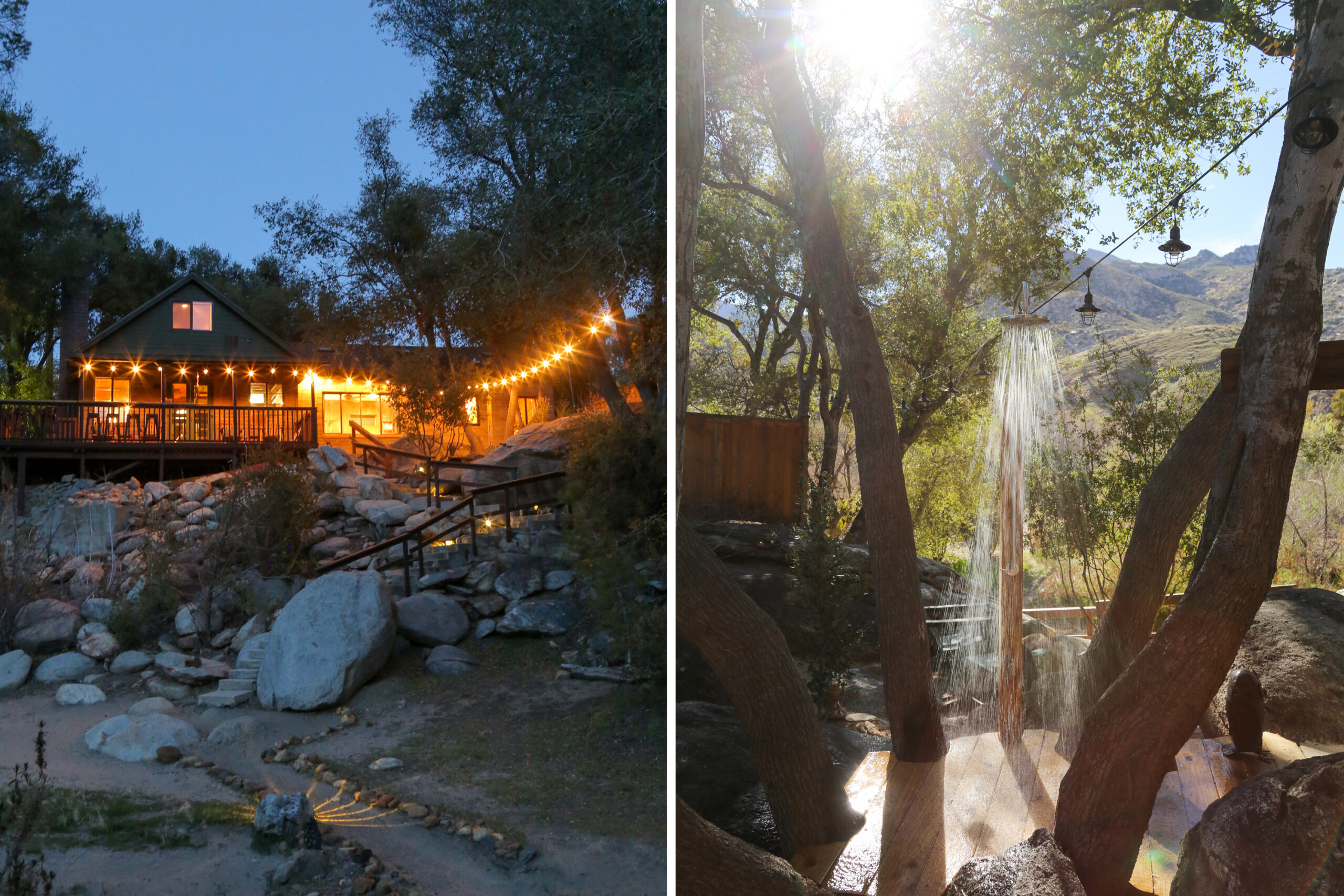 Photo of patio lights at night on the left and a photo of an outdoor shower set amongst some trees at Kern River House in Kernville, California.