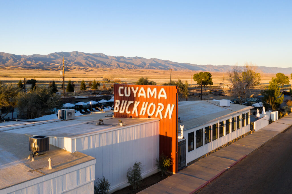 Birds eye view of the Cuyama Buckhorn lodging and dining establishment in New Cuyama, California.