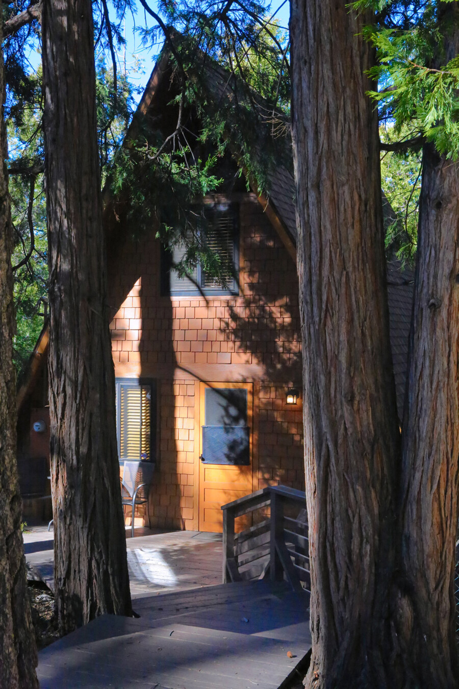 Exterior of A-frame vacation rental Idylcove in Idyllwild, California.