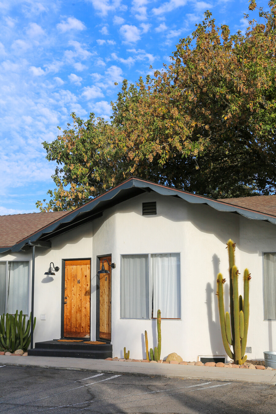 Exterior view of a wooden entrance doors set against white walls and with landscaped cacti at the Alamo Motel in Los Alamos, California.